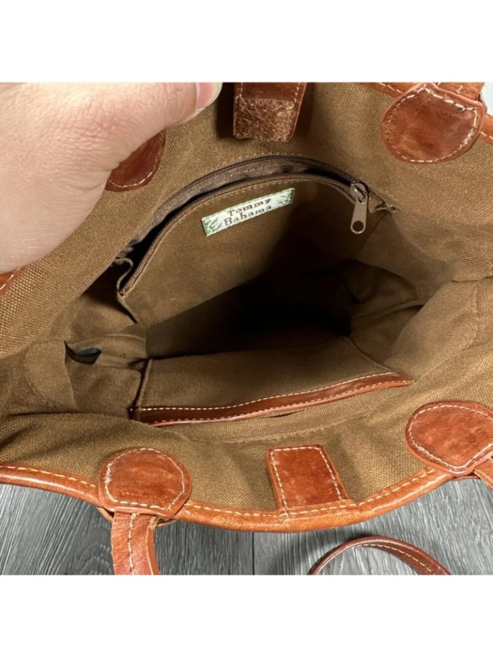 Tommy Bahama Vintage Handmade Tropical Palm Trees Canvas Round Leather Bag